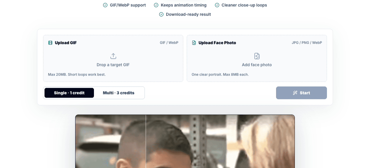 A GIF face swap workflow with a GIF upload, a face photo, and a final swapped preview.