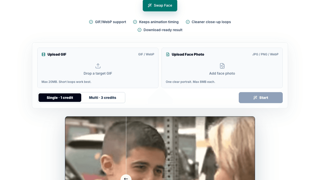 Five-step GIF face swap workflow: choose a GIF, upload, add a face photo, preview, and download.