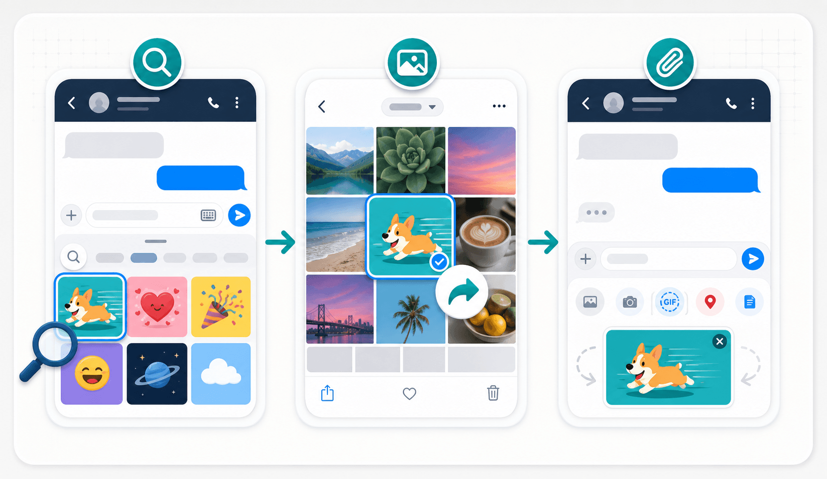 Three visual routes for finding, sharing, and attaching an animated GIF from a smartphone.