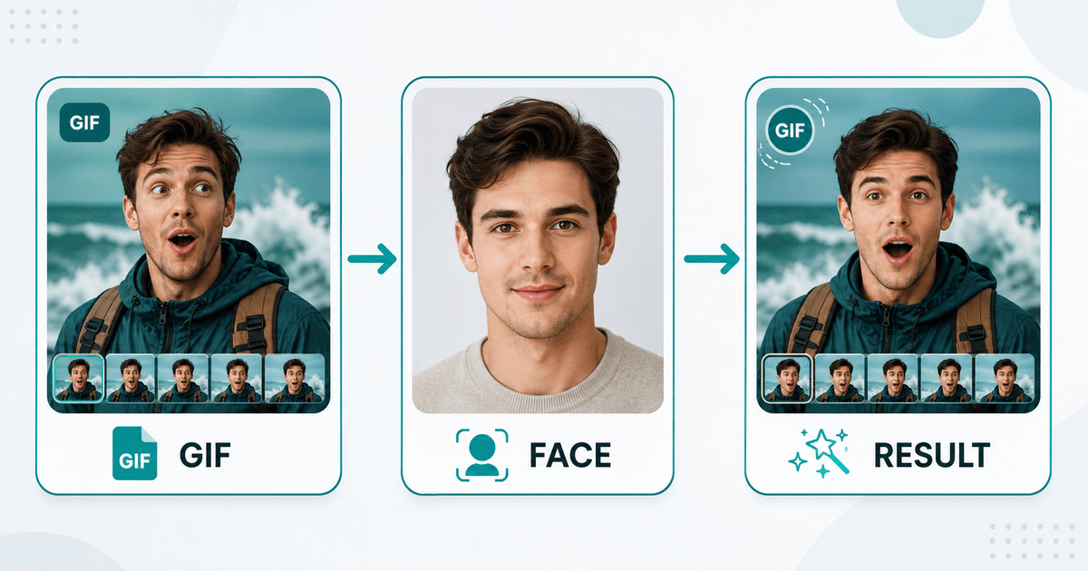 A GIF face swap workflow with a GIF upload, a face photo, and a final swapped preview.