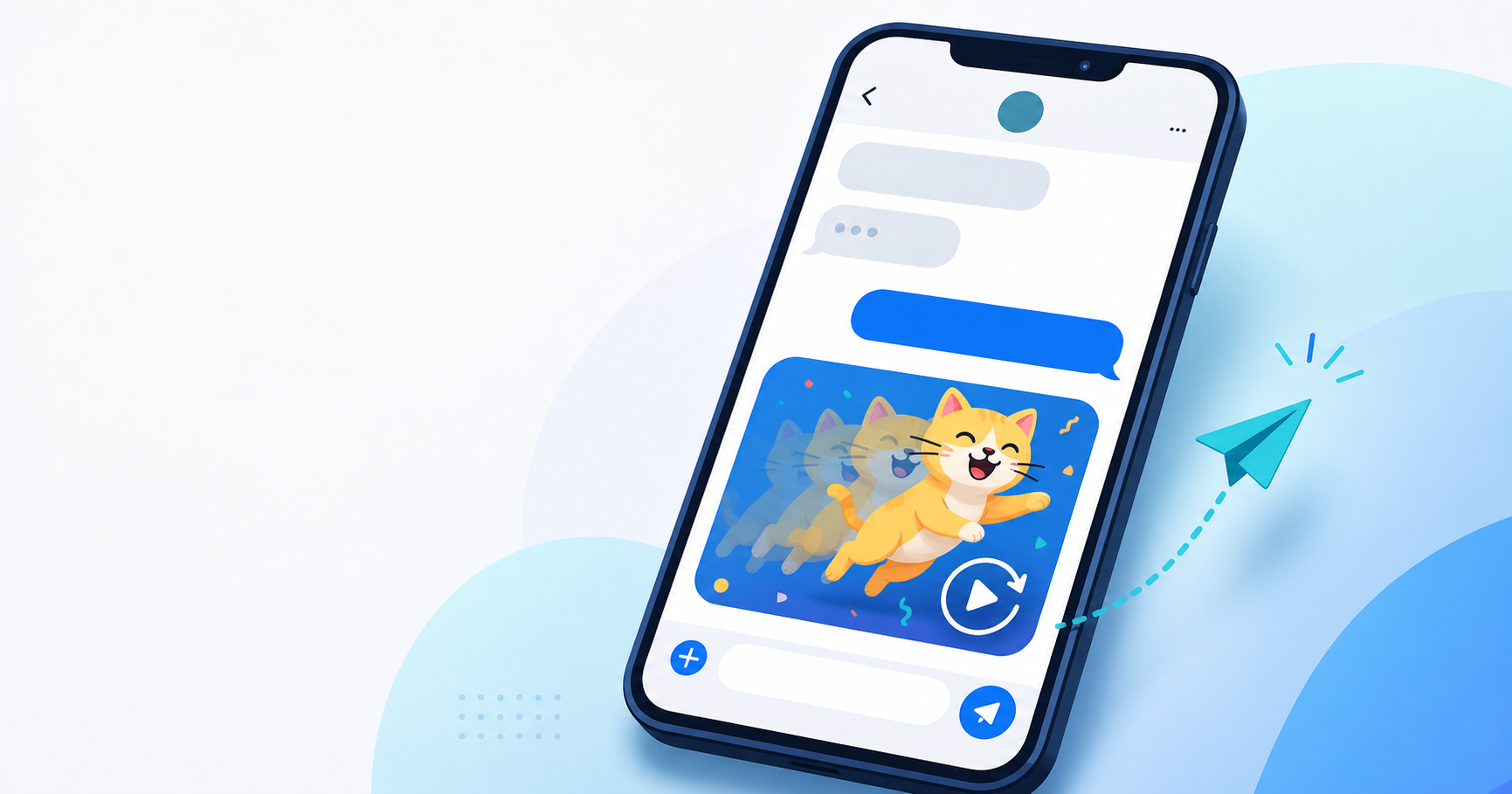 A generic smartphone conversation showing an animated cat GIF ready to send.