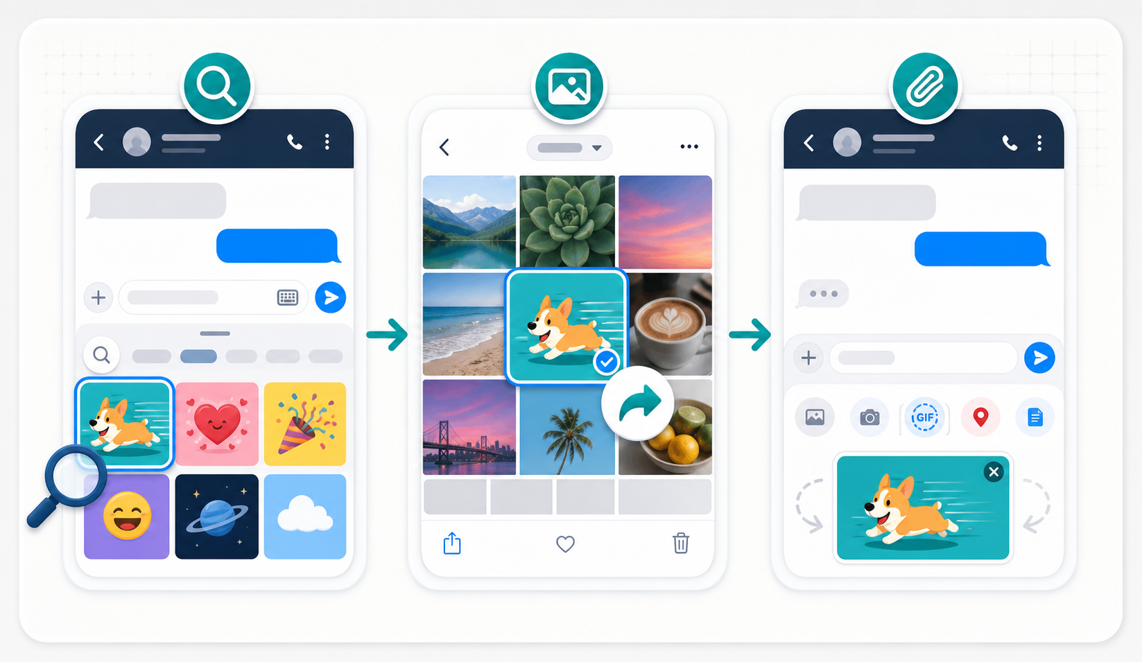Three visual routes for finding, sharing, and attaching an animated GIF from a smartphone.