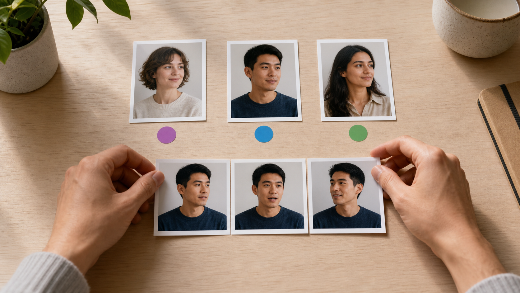 Portrait cards with colored markers arranged for careful face matching before preview.
