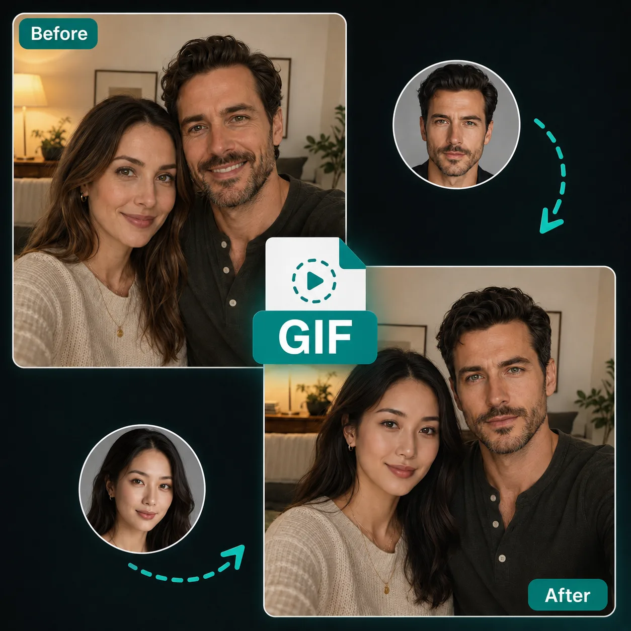 GIF face swap protagonist example with before and after frames